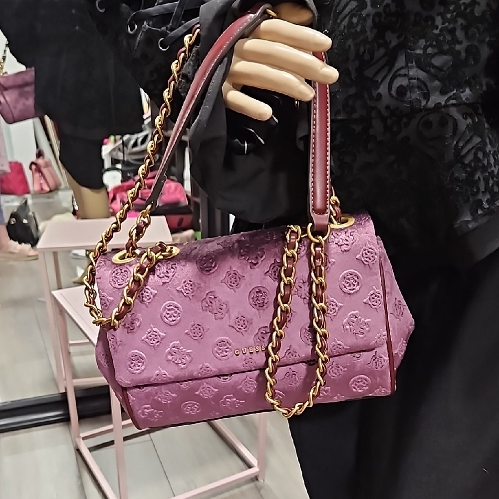 Guess Purple velvet Embossed Shoulder Bag